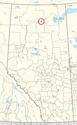 A map of the province of Alberta showing 80 counties and 145 small Indian reserves. One is highlighted with a red circle.