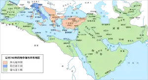 Map of western Eurasia and northern Africa showing the Caliphate in green covering most of the Middle East, with the Byzantine Empire outlined in orange and the Lombard principalities in blue