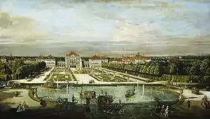 貝納多·貝洛托的《慕尼黑的寧芬堡宮》（Nymphenburg Palace, Munich），68.4 × 119.8cm，約作於1761年，來自山繆·亨利·卡瑞斯的收藏。