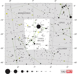 Diagram showing star positions and boundaries of the Canis Major constellation and its surroundings