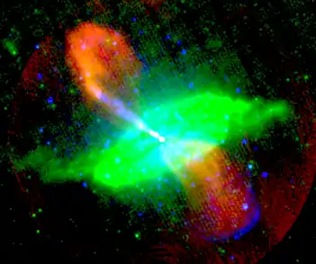 "False-colour image of the nearby radio galaxy Centaurus A, showing radio (red), 24-micrometre infrared (green) and 0.5-5 keV X-ray emission (blue). The jet can be seen to emit synchrotron emission in all three wavebands. The lobes only emit in the radio frequency range, and so appear red. Gas and dust in the galaxy emits thermal radiation in the infrared. Thermal X-ray radiation from hot gas and non-thermal emission from relativistic electrons can be seen in the blue 'shells' around the lobes, particularly to the south (bottom)."