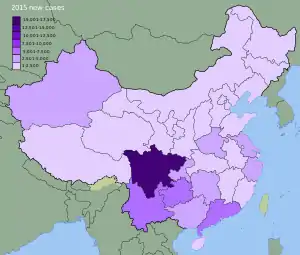 2015年度新增HIV感染病例的省份分布