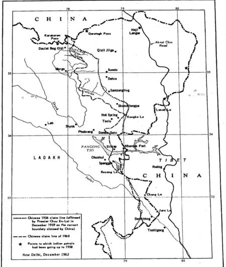 中国1956 年和1960年在拉达克边界线（中央情报局提供的地图）