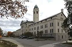 A building and clock tower at Fort Leavenworth