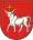 A coat of arms depicting a white bull with an angry expression and a golden cross protruding from its head all on a red background