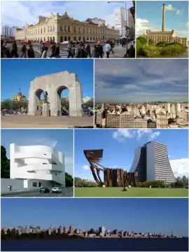 左上起：Usina do Gasômetro; the Laçador statue (symbol of the city); panoramic view of the port; Public Market; Monument to the Azorean people with the Administrative Center of the State of Rio Grande do Sul.