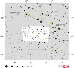 Diagram showing star positions and boundaries of the Corona Australis constellation and its surroundings