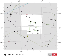 Diagram showing star positions and boundaries of the Corvus constellation and its surroundings