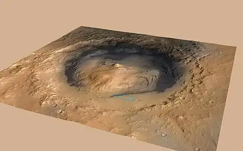 Aeolis Mons rises from the middle of Gale Crater - Green dot marks Curiosity's landing site in Aeolis Palus - north is down.