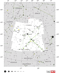 Diagram showing star positions and boundaries of the Cygnus constellation and its surroundings