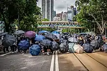 在香港中央圖書館與維園之間的高士威道，有示威者組成傘陣