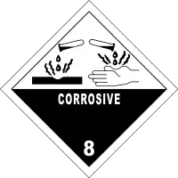 一个菱形的带有数字8和"corrosive"的标签，并指出这种液滴会腐蚀材料和人的手。