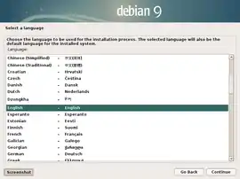 Debian安裝程式的語言選擇畫面