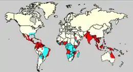 World map showing the countries where the Aedes mosquito is found（the southern US, eastern Brazil and most of sub-Saharan Africa）, as well as those where Aedes and dengue have been reported（most of Central and tropical South America, South and Southeast Asia and many parts of tropical Africa）.