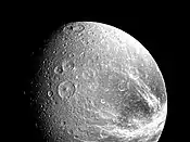 Fractured terrain on Dione imaged from a distance of 240,000 km from Voyager 1