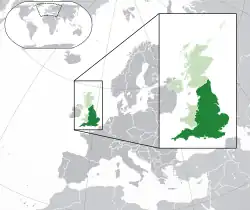 英格兰的位置（深绿色）– 欧洲（绿色及深灰色）– 英国（绿色）