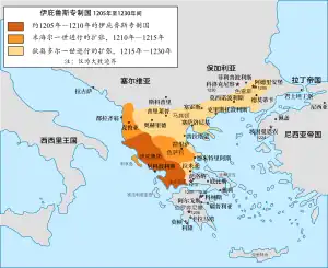 巴尔干半岛地图，其中包括伊庇鲁斯专制国原本核心地区，以及以不同深浅的橙色标示的所征服的领土