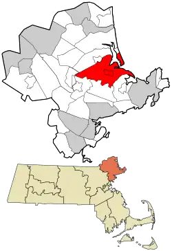 伊普斯威奇在艾塞克斯縣及麻薩諸塞州的位置(以紅色標示)