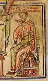 Image of Æthelred II with an oversize sword from the illuminated manuscript "The Chronicle of Abingdon"