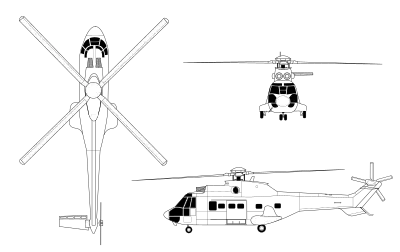 Orthographically projected diagram of the AS332 Super Puma Line Drawing