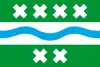 Three horizontal bands, top and bottom green with white saltires (4 on top and 2 on bottom). The centre band and contains a blue curved line from side to side.