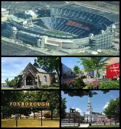 依次为吉列体育场、Memorial Hall、Patriot Place、sign in Foxborough、Congregational Church和the Orpheum Theatre