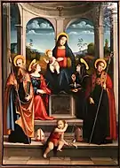 弗朗切斯科·弗朗西亞（英语：）的《聖母子以及聖本篤、聖朱斯蒂娜、聖普拉西多以及聖斯科拉斯蒂卡》（Madonna col bambino in trono coi ss. Bnedetto, Giustina, Scolastica e Placido），228 × 162cm，約作於1515年，1834年始藏。