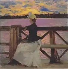 Marie Gallén at the Kuhmoniemi-bridge, 1890, oil on wood