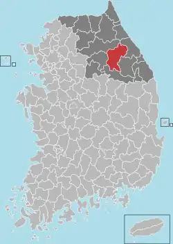 平昌郡在韓國及江原特別自治道的位置