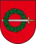 A coat of arms depicting a sword with a gold hilt and a silver blade penetrating a green wreath all on a red background