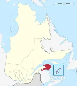 Map of Gaspésie–Îles-de-la-Madelaine in relation to Quebec.