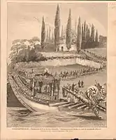 阿卜杜勒-哈米德二世乘船前往艾郁普區，準備進行佩戴奥斯曼之劍的典禮，1876年