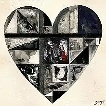 A large heart shaped design is filled with a montage of images. Most are grey, black and white; the central image includes red colouring. The name Gotye is styled as a signature at bottom right.