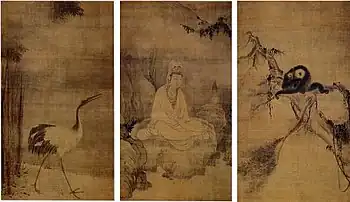 Triptych with a crane on the left, a cross-legged seated deity in the middle and a pair of monkeys on a tree branch on the right.