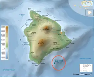 The island of Hawaii, showing Loihi's position southeast of the main landmass.