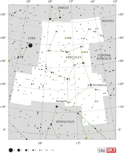 Diagram showing star positions and boundaries of the Hercules constellation and its surroundings