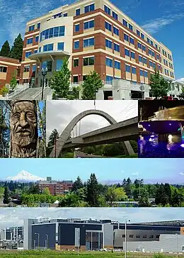 From top: City Hall, Chief Kno-Tah, Main Street Bridge, fountain at The Streets of Tanasbourne, Downtown with Mount Hood and Tuality Hospital in the background, and Intel's Ronler Acres Campus