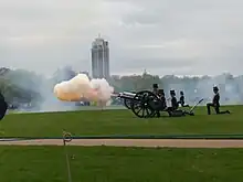 A cannon of the King's Troop Royal Horse Artillery firing in Hyde Park. A large plume of orange smoke, lit orange by the flash from the gun, extends from the barrel.