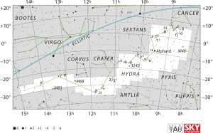 Diagram showing star positions and boundaries of the Hydra constellation and its surroundings