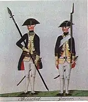 黑森軍兵畫像。黑森僱傭兵一向以善戰聞名,但他們卻在1776年的新澤西戰場立下惡名。由於英軍物資短缺,何奧准許軍隊到郊區徵集物資,但大量黑森士兵及英國士兵卻乘機搶掠強姦,不但令到英軍喪失民心,更促成了新澤西州起義。