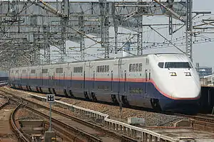 E1系，原東北、上越新幹線「Max山彥號」「Max朱鷺號」「Max谷川號」用車（2012年10月27日已退役）。翻修工程後塗裝，M編組，攝於2008年