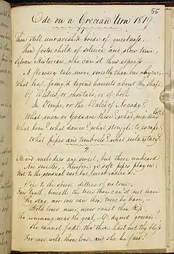 Manuscript in George Keats's hand titled "Ode on a Grecian Urn 1819." It is a fair copy in pen and ink of the first two verses of the poem. The writing is highly legible, tall and elegant, with well-formed letters and a marked slope to the right. The capital letters are distinctive and artistically formed. Even-numbered lines are indented with lines 7 and 10 are further indented. A scallopy line is drawn beneath the heading and between the verses.