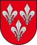 A coat of arms depicting three grey fleurs-de-lis, two directly across from each other at the top and one on the bottom, all on a red background