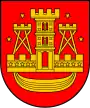 A coat of arms depicting a golden castle with three turrets surrounded with four golden stars all on a red background