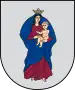 A coat of arms depicting a woman clothed in blue and brown wearing a golden crown and carrying a baby all on a grey background