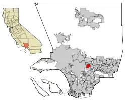 Location of Alhambra within Los Angeles County, California.