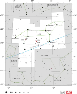 Diagram showing star positions and boundaries of the Leo constellation and its surroundings