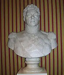 Bust of a curly-haired man wearing a high collared military uniform with epaulettes.