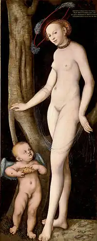 老盧卡斯·克拉納赫的《维纳斯与手持蜂巢的丘比特》（Venus mit Cupid als Honigdieb），169 × 67cm，約繪於1531年，1650年始藏