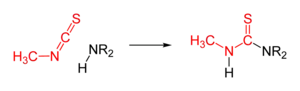 Reaction scheme: MITC and secondary amine react to form a thiourea